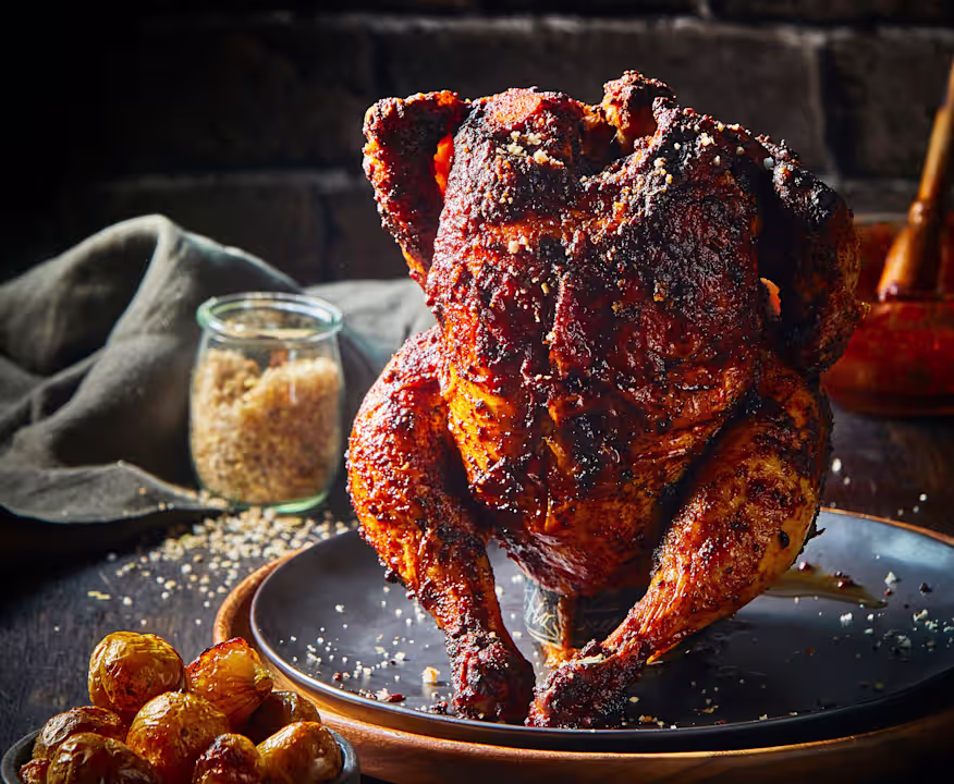Pollo violado preparado en asador con cerveza durante carne asada norteña