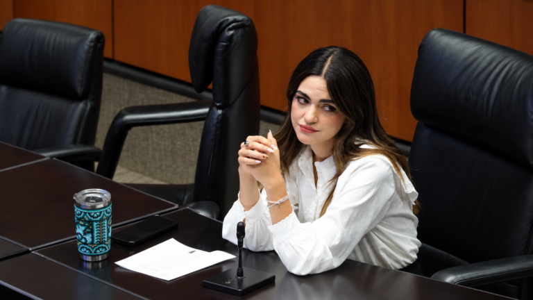 Senadora sentada en una sala de sesiones con las manos entrelazadas