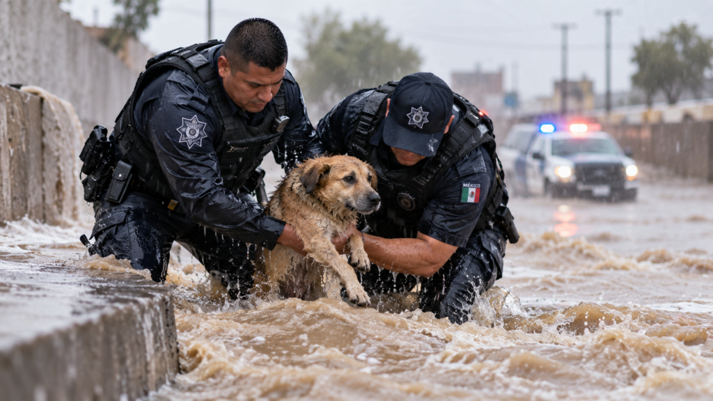 Policías rescatan a un perro de una fuerte corriente de agua durante las lluvias