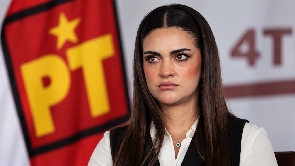 Mujer durante un acto político con la imagen del Partido del Trabajo al fondo