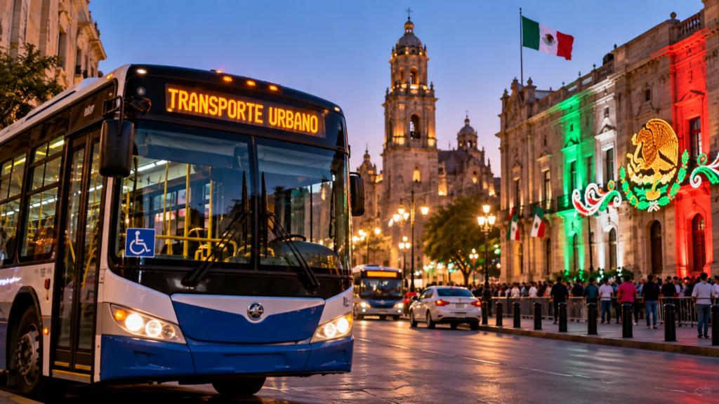 Autobús de transporte urbano durante los festejos del 15 de septiembre en el centro de Chihuahua