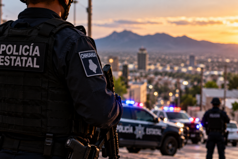 Policía estatal de Chihuahua observa la ciudad al atardecer, con patrullas y luces de emergencia al fondo