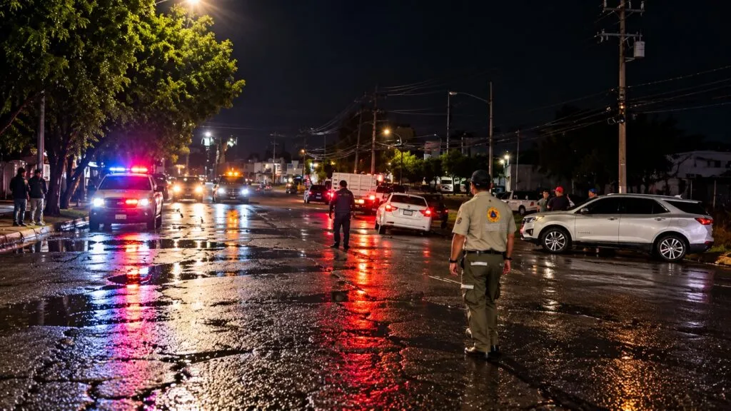 Personal de emergencia atiende incidentes en una calle mojada después de fuertes lluvias
