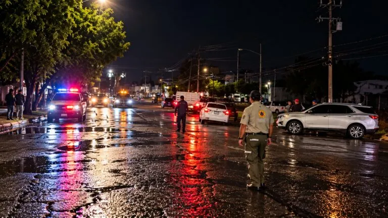 Personal de emergencia atiende incidentes en una calle mojada después de fuertes lluvias
