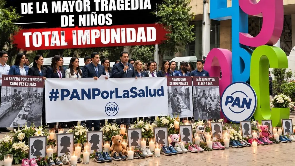 Representación editorial de militantes del PAN protestando frente al IMSS, con pancartas sobre servicios de salud y un memorial infantil.