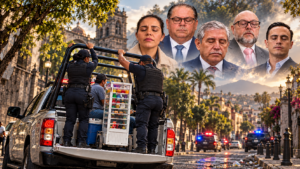 Fotomontaje de una patrulla con agentes, un vendedor y gelatinas, bajo retratos de Paula Trade Hidalgo, Óscar Cano Mondragón, José Luis Urióstegui, Enrique Iragorri Durán y Daniel Martínez Terrazas con los ojos cerrados.