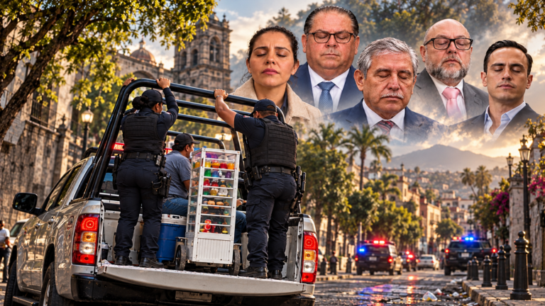 Fotomontaje de una patrulla con agentes, un vendedor y gelatinas, bajo retratos de Paula Trade Hidalgo, Óscar Cano Mondragón, José Luis Urióstegui, Enrique Iragorri Durán y Daniel Martínez Terrazas con los ojos cerrados.